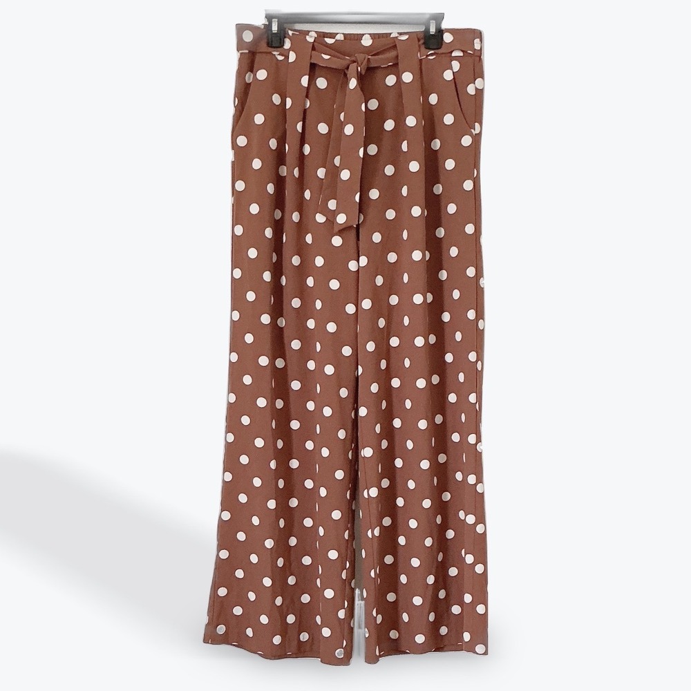 Cato Est 1946 Women Large Brown White Polka Dot Wide Leg Palazzo Pants High Rise